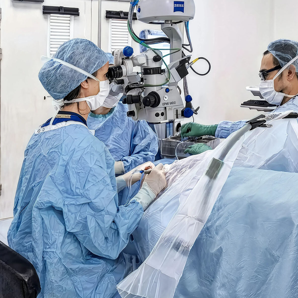 Chirurgo oftalmico esegue un intervento di cataratta guardando attraverso un microscopio operatorio Zeiss OPMI Vario, assistito da un'infermiera con strumenti chirurgici; il paziente è coperto da un telo sterile blu