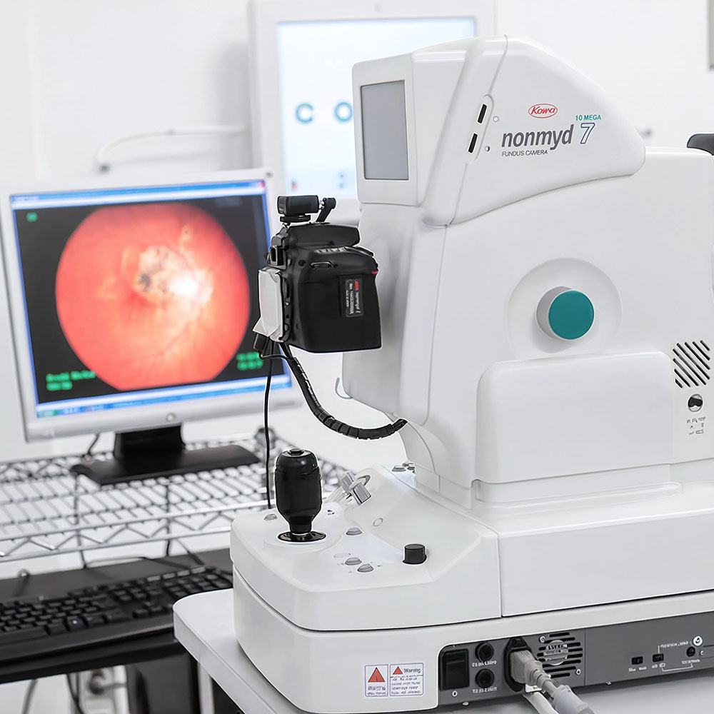 Retinografo Kowa Nonmyd 7 in studio oculistico, con immagine del fondo oculare visibile a monitor
