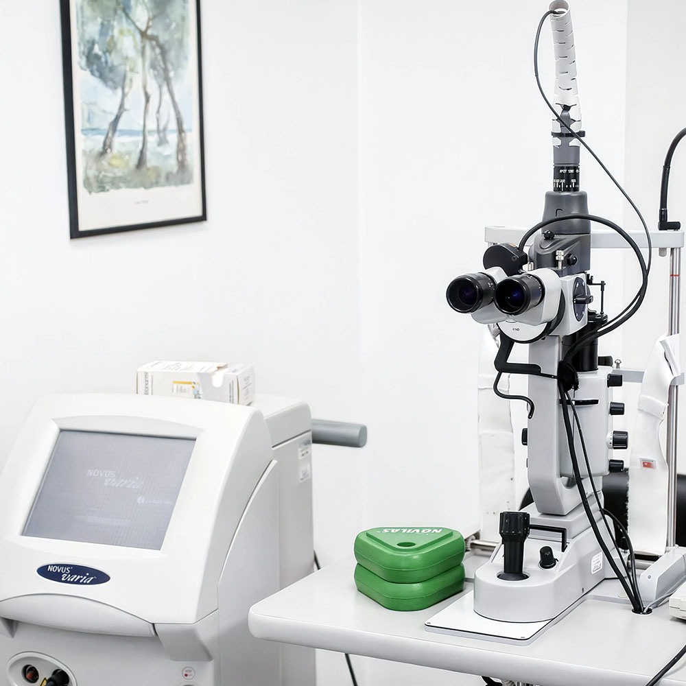 Laser argon Novus Varia in studio oculistico, con lampada a fessura per il trattamento laser di patologie retiniche