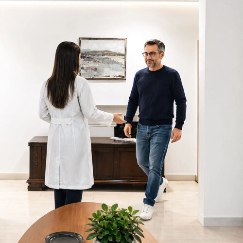 Medico dello Studio Oculistico Bergamo accoglie un paziente all'ingresso dello studio.