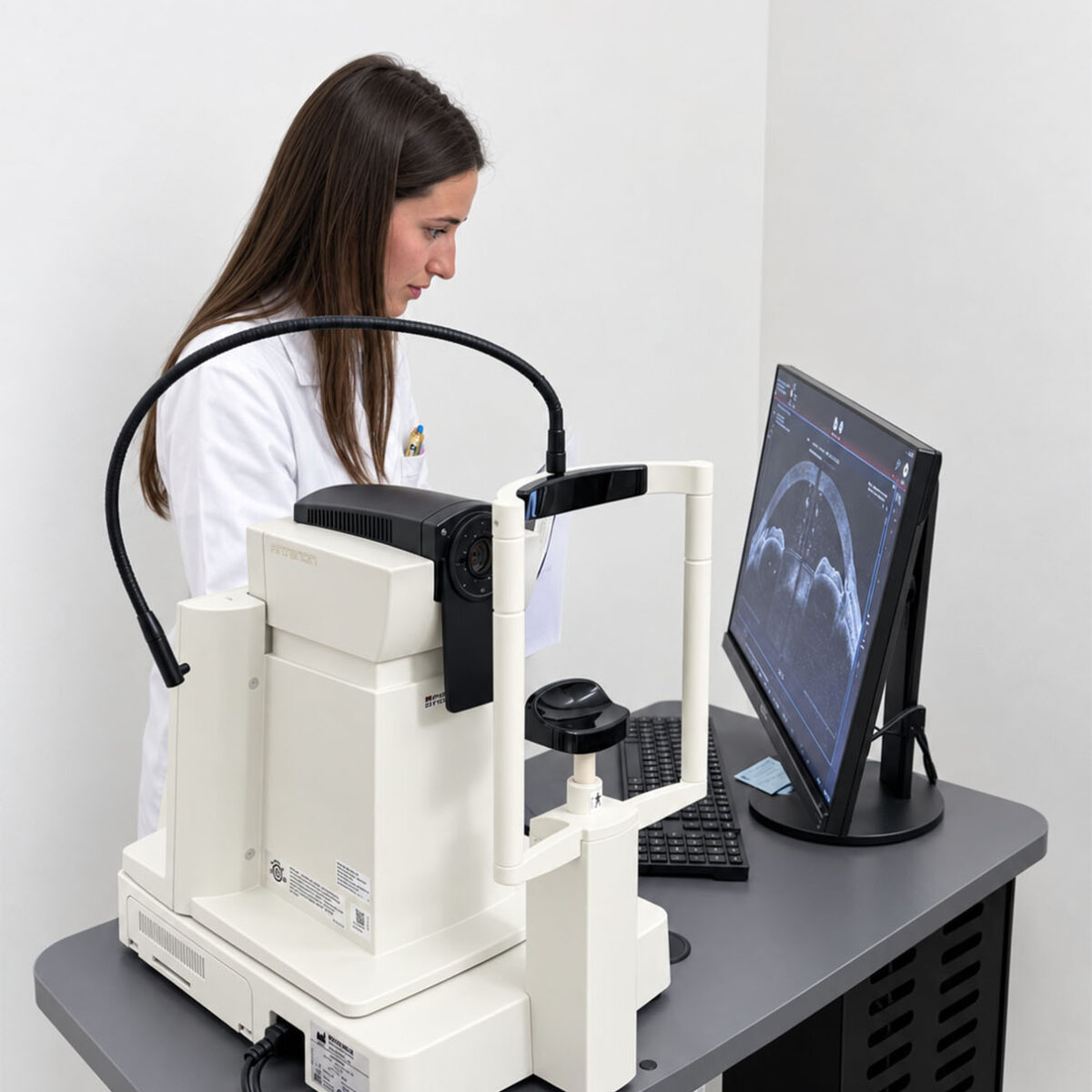 Specialista dello Studio Oculistico Bergamo esegue una topografia corneale con strumentazione diagnostica avanzata.