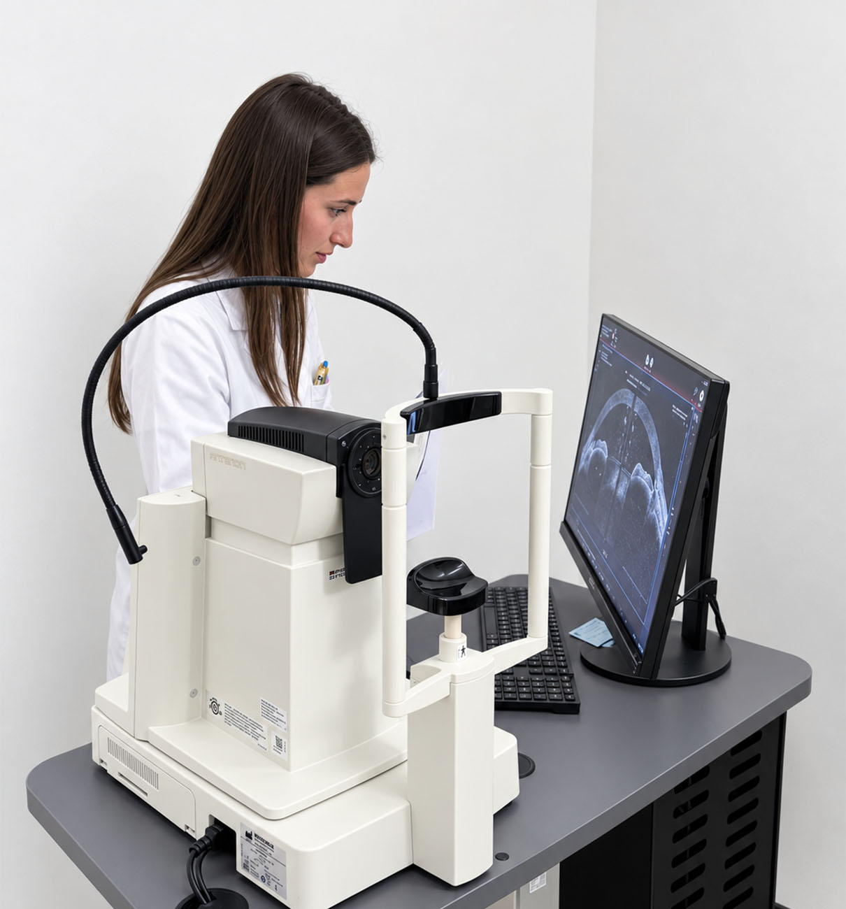 Specialista dello Studio Oculistico Bergamo esegue una topografia corneale con strumentazione diagnostica avanzata.