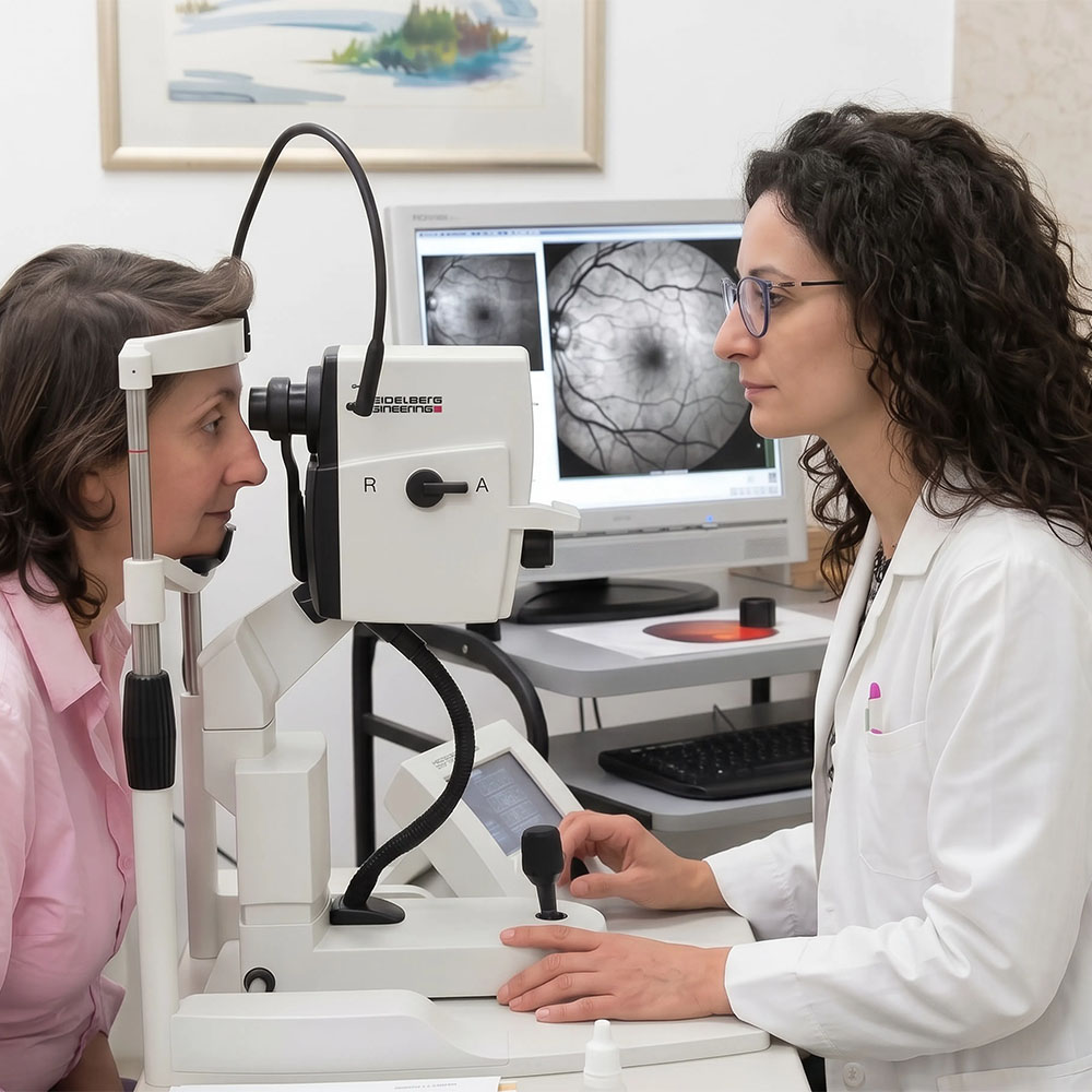 Oculista dello Studio Oculistico Bergamo esegue una scansione della retina a una paziente con immagine del fondo oculare visibile sullo schermo.