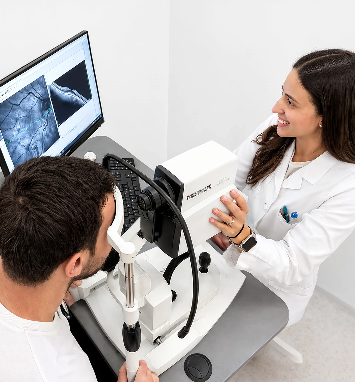 Medico oculista mostra a un paziente le immagini della retina acquisite con OCT durante una visita presso Studio Oculistico Bergamo.