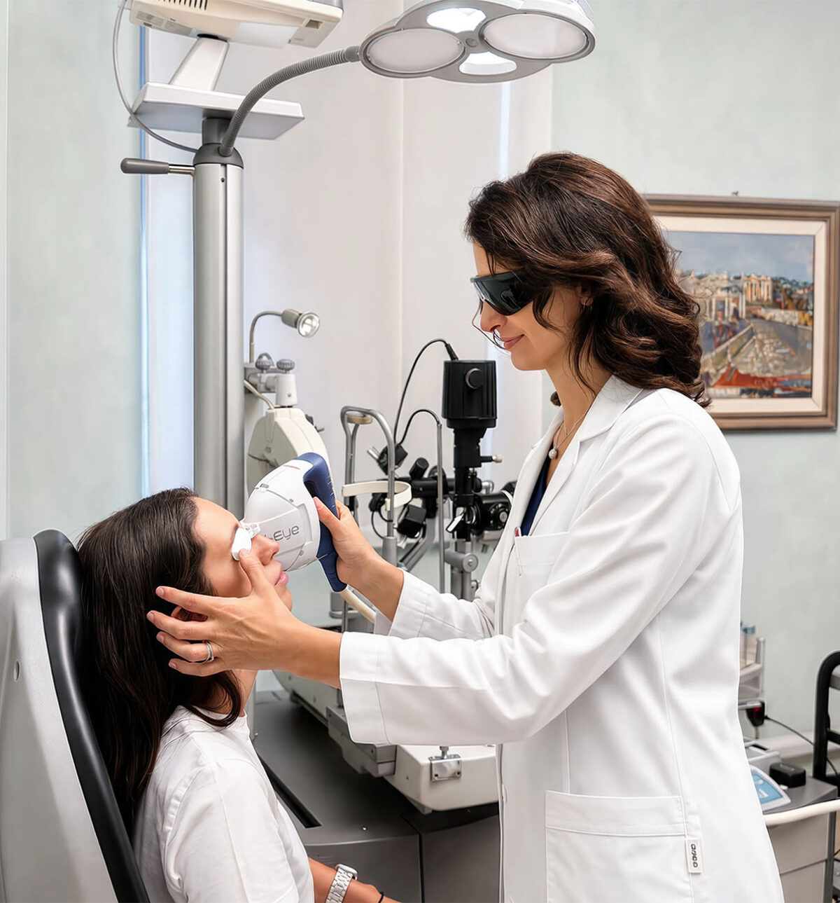 Oculista dello Studio Oculistico Bergamo esegue un trattamento laser oculare su una paziente in ambulatorio.
