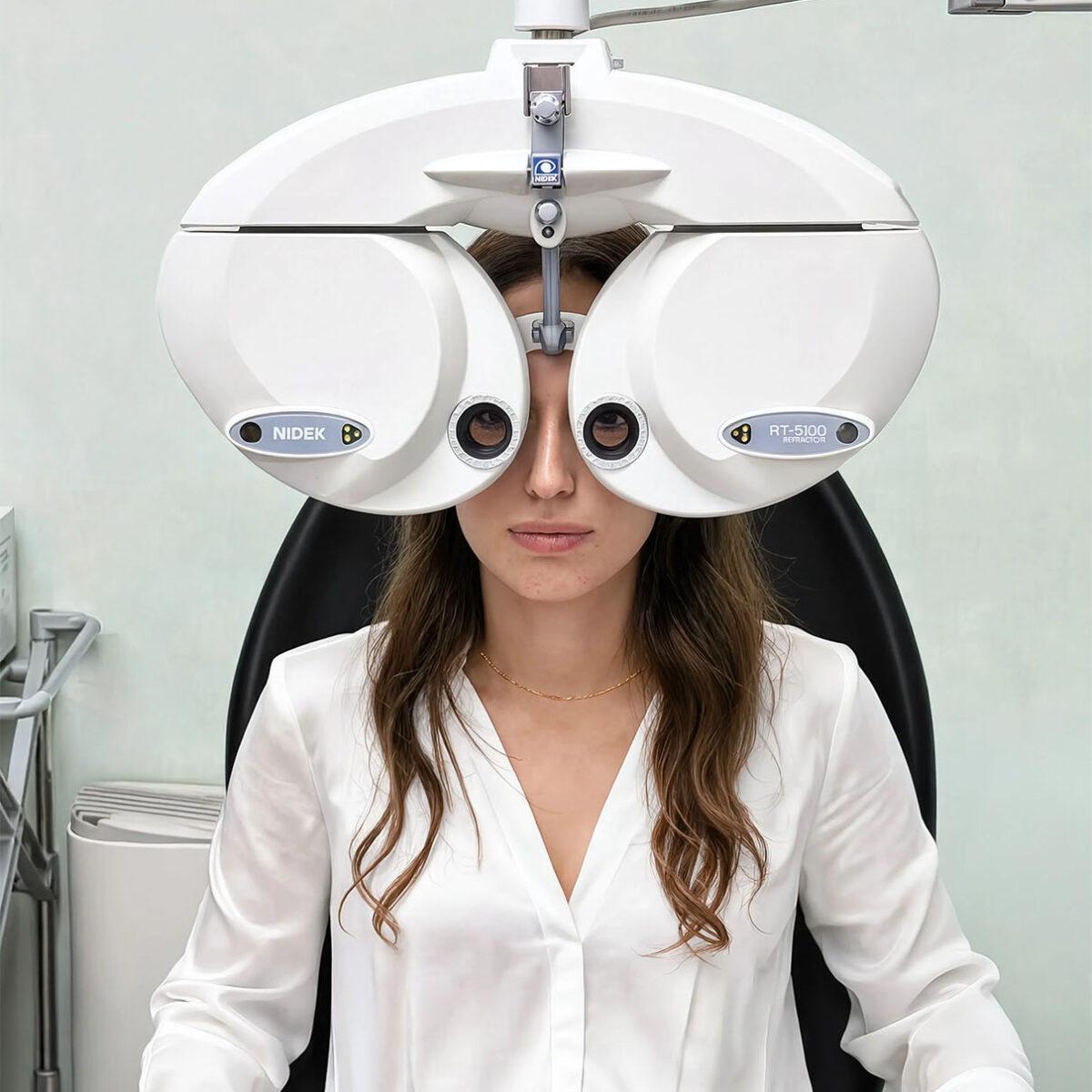 Paziente sottoposta a esame della vista con refrattometro durante una visita oculistica presso lo Studio Oculistico Bergamo.
